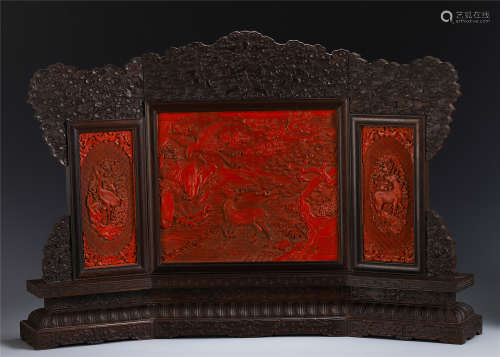 A CHINESE CARVED BIRD AND DEER CINNABAR TABLE SCREEN