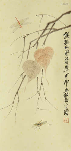 A CHINESE SCROLL PAINTING OF DRAGONFLY AND LEAF BY QIBAISHI