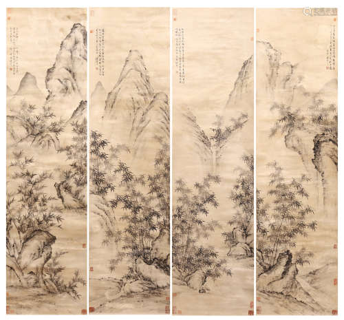 CHINESE SCROLL PAINTING BAMBOO AND MOUNTAIN