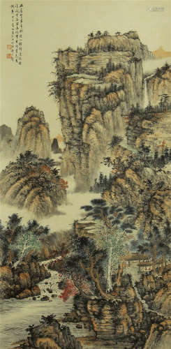 A CHINESE SCROLL PAINTING OF MOUNTAIN AND RIVER