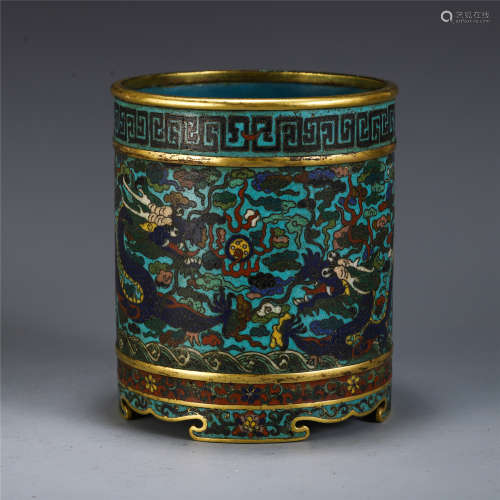 A CHINESE DOUBLE DRAGON PLAY BALL CLOISONNE BRUSH POT