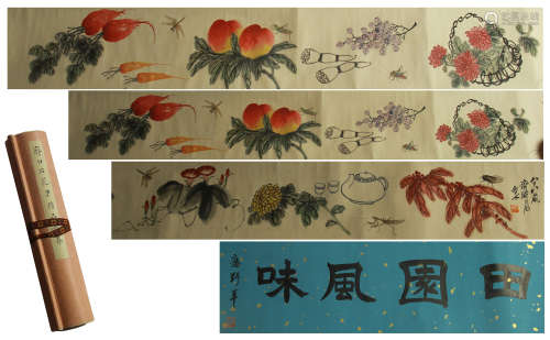 A CHINESE SCROLL PAINTING OF FRUITS AND VEGETABLES AND FLOWERS WITH CALLIGRAPHY BY QIBAISHI