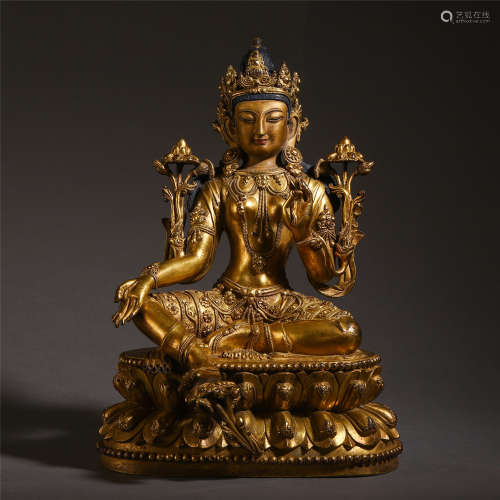 TIBETAN GILT BRONZE LOTUS HAND GUANYIN SEATED BUDDHA