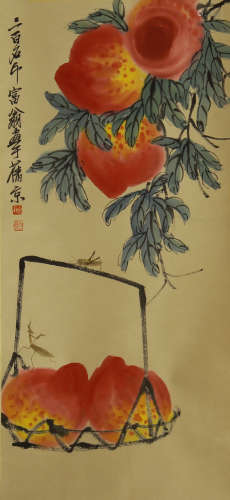 A CHINESE SCROLL PAINTING PEACH BY QIBAISHI