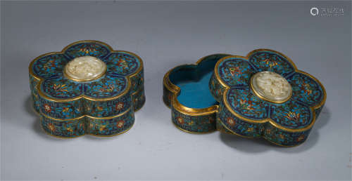 A PAIR OF CHINESE INLAID JADE CLOISONNE PLUM SHAPE BOX