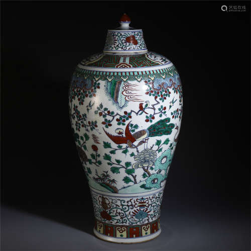A CHINESE DOUCAI PHOENIX AND FLOWER PATTERN LIDDED VASE