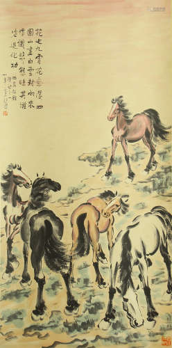 A CHINESE SCROLL PAINTING OF FIVE HORSES BY XUBEIHONG