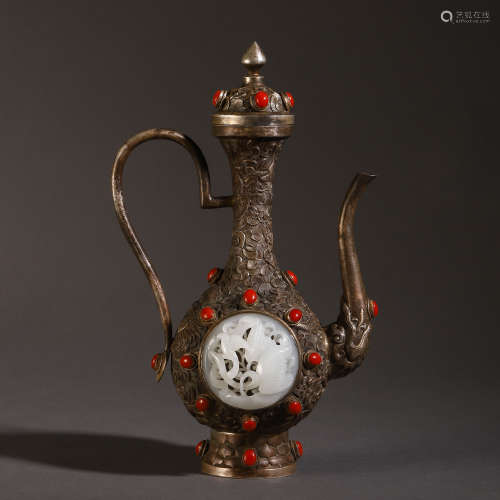 A CHINESE DRAGON PHOENIX PATTERN INLAID JADE SILVER KETTLE