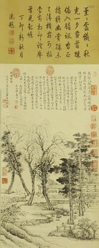 A CHINESE SCROLL PAINTING OF TREE AND HOUSE