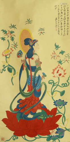 A CHINESE SCROLL PAINTING OF IMMORTAL STANDING IN LOTUS BASE