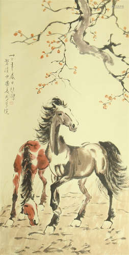A CHINESE SCROLL PAINTING OF TWO HORSES BY XUBEIHONG