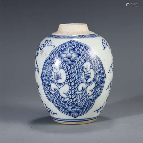 A CHINESE BLUE AND WHITE PORCELAIN BOYS PLAYING PATTERN JAR VASE
