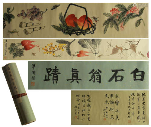 A CHINESE SCROLL PAINTING OF FRUITS AND FLOWERS WITH CALLIGRAPHY BY QIBAISHI