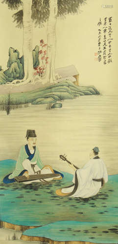 A CHINESE SCROLL PAINTING OF MEN PLAYING GUQIN BESIDES RIVER BY ZHANGDAQIAN