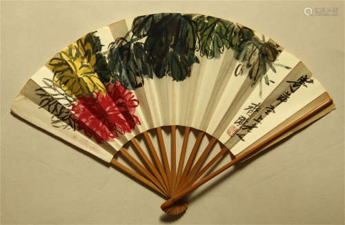 FOLDING FAN WITH CHINESE INK PAINTING FLOWER BY QIBAISHI