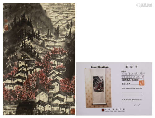 A CHINESE SCROLL PAINTING MOUNTAIN AND BUILDING BY LIKEQI