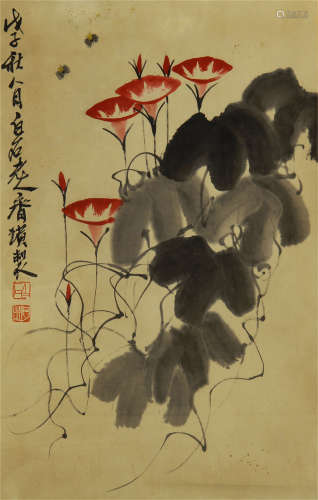 A CHINESE SCROLL PAINTING MORNING GLORY BY QIBAISHI