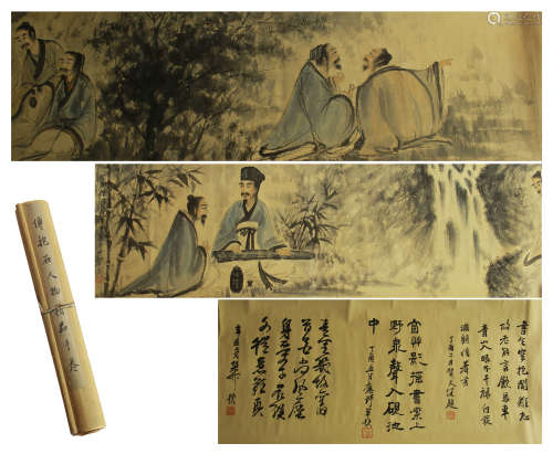 A CHINESE SCROLL PAINTING ON FIGURES AND STORY WITH CALLIGRAPHY BY FUBAOSHI