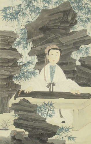 A CHINESE SCROLL PAINTING OF PEOPLE PLAYING GUQIN