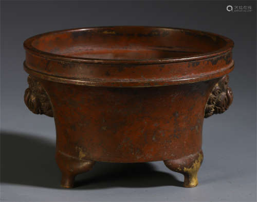 A CHINESE DOUBLE BEAST HANDLE BRONZE TRIPLE FEET CENSER