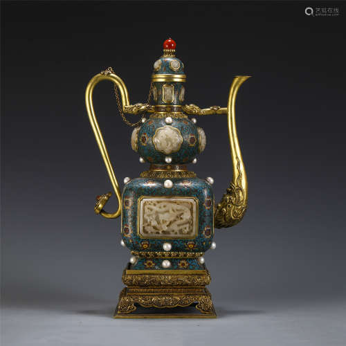A CHINESE CLOISONNE INLADE JADE AND PEARL WINE POT