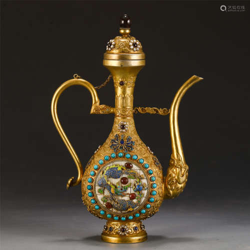 A CHINESE GOLD INLAID GEM STONE WINE POT