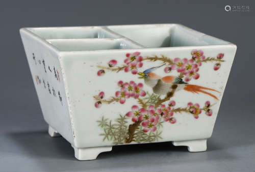 A CHINESE FAMILLE ROSE FLOWER AND BIRD BRUSH POT