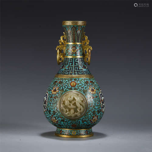 A CHINESE FLOWER ENTWINE BRANCHES CLOISONNE INLAID JADE DOUBLE HANDLE VASE