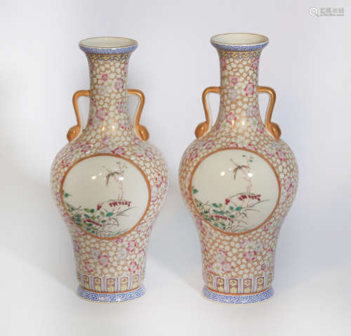 Pair Famille Rose Floral Vases Qianlong Period