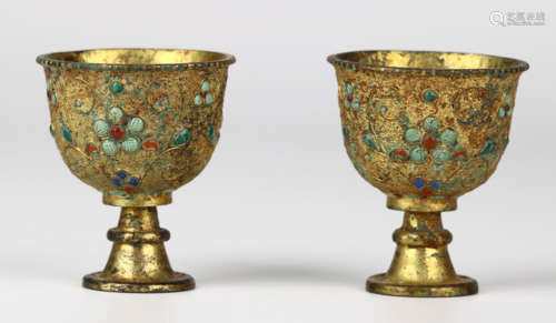 PAIR OF GILT BRONZE CUP EMBEDDED WITH GEM