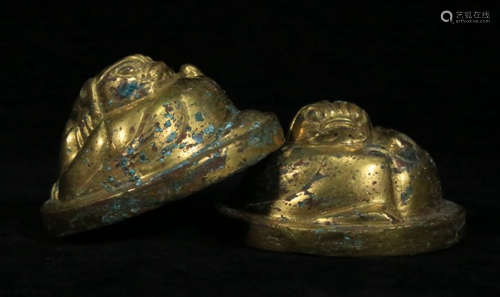 PAIR OF GILT BRONZE CARVED BEAST PAPERWEIGHT