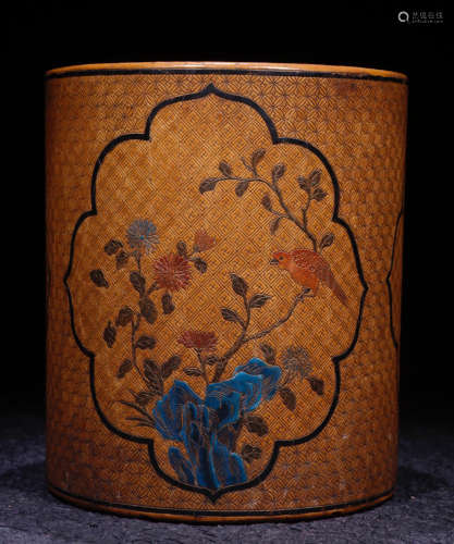 A LACQUER BRUSH POT WITH BIRD&FLOWER PATTERN