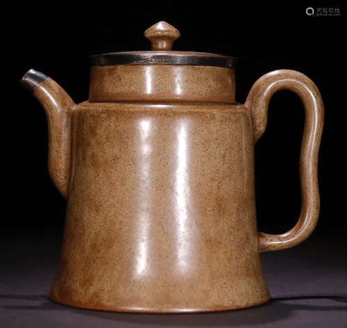 AN OLD ZISHA TEA POT EMBEDDED WITH TIN