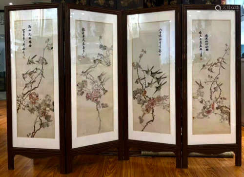 A FLOWER AND BIRD EMBROIDERY SCREEN