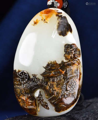 A HETIAN JADE PENDANT CARVED WITH MOUNTAIN&WATER