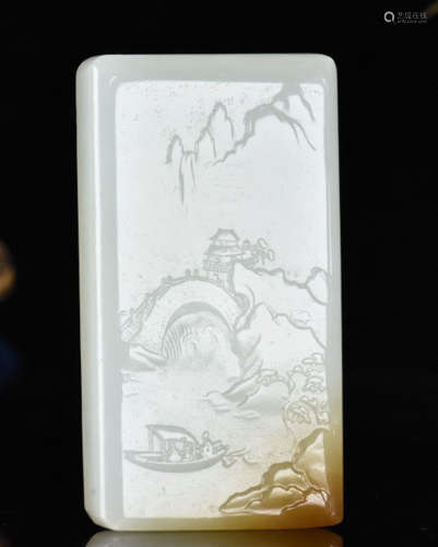 A HETIAN JADE TABLET CARVED WITH MOUNTAIN&WATER