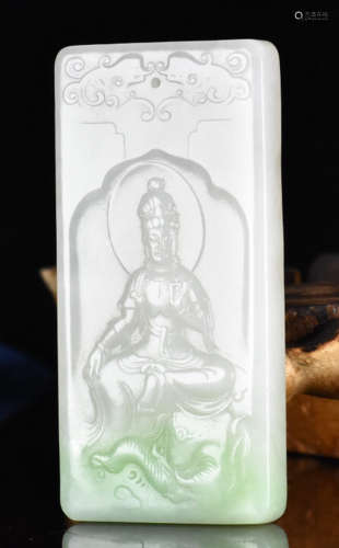 A HETIAN JADE TABLET CARVED WITH PUXIAN BUDDHA