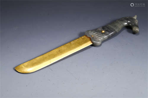 A CHINESE HORSE SHAPE JADE HANDLE COPER KNIFE