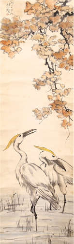 CHINESE SCROLL PAINTING CRANE PLAYING IN THE WATER BY XUBEIHONG