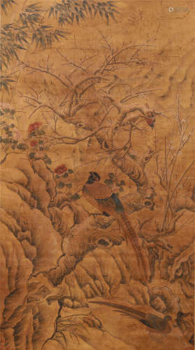 A CHINESE SCROLL PAINTING FLOWER AND PHEASANT
