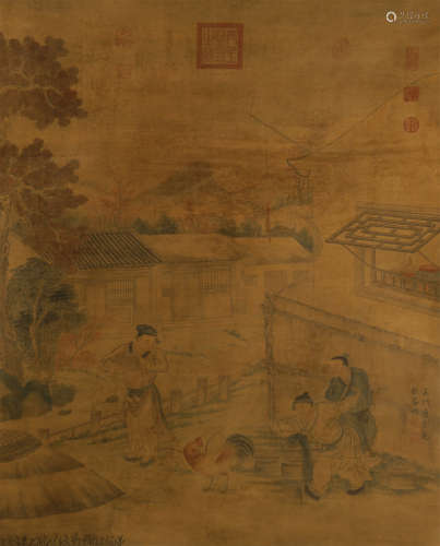 A CHINESE SCROLL PAINTING COCKFIGHTING BY TANGYIN