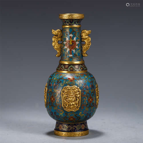 A CHINESE CLOISONNE ENTWINE BRANCHES LOTUS PATTERN DOUBLE BEAST HANDLE BOTTLE