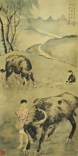 A CHINESE SCROLL PAINTING OF BOY AND BUFFALO BY XUBEIHONG