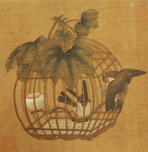 A CHINESE PAINTING BIRD AND CAGE