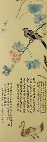 A CHINESE SCROLL PAINTING BIRDS AND FLOWERS BY QIBAISHI