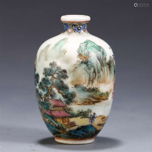 A CHINESE LANDSCAPE AND POEMS COLOURED GLAZE SNUFF BOTTLE