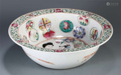 A CHINESE PORCELAIN WUCAI FIGURE AND FLOWER BASIN