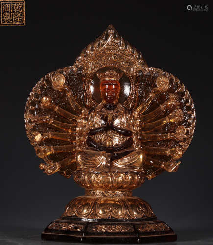 A GLASS CARVED GUANYIN BUDDHA STATUE
