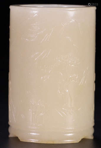 A HETIAN JADE CARVED LANDSCAPE PATTERN BRUSH POT