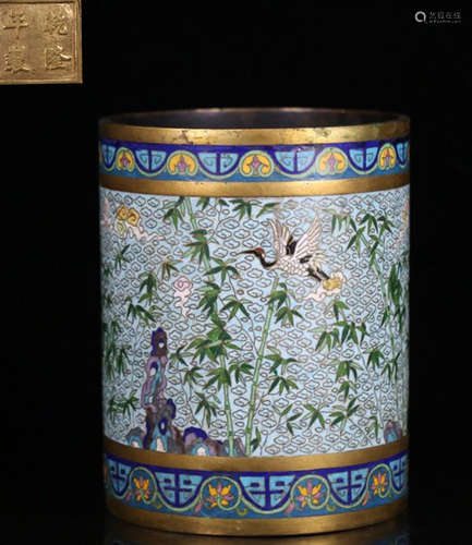 A CLOISONNE CAST CRANE PATTERN BRUSH POT